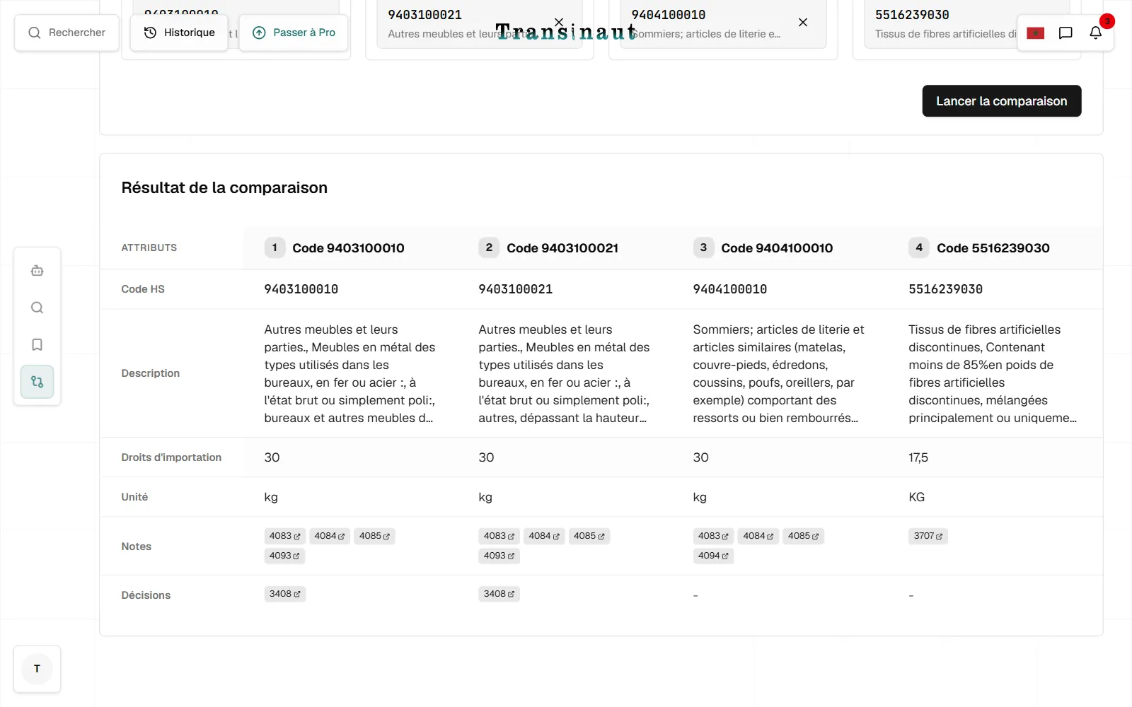 Tableau de comparaison : quatre codes en colonnes, avec description, droits, unité, notes et décisions alignés.