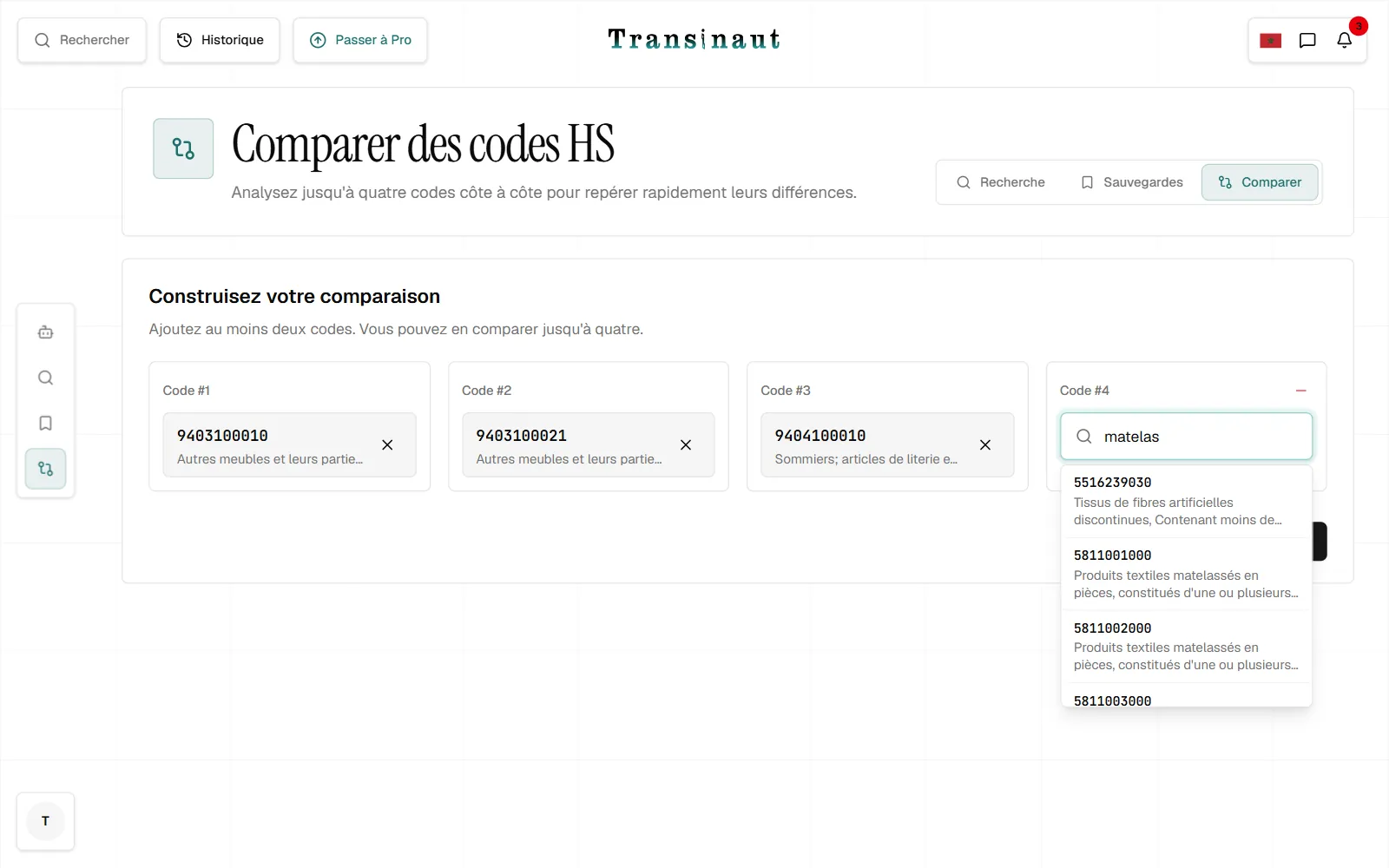 Les emplacements de codes du comparateur, remplis par recherche sur le code ou la description.