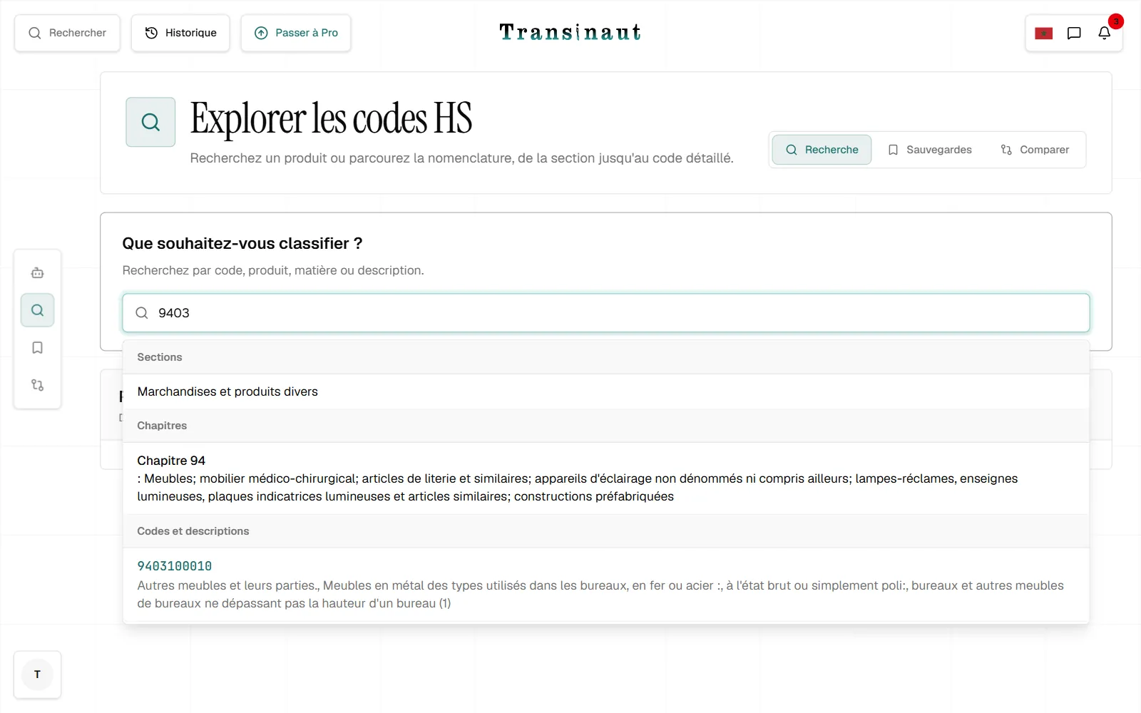 Résultats de recherche groupés en sections, chapitres et lignes tarifaires.