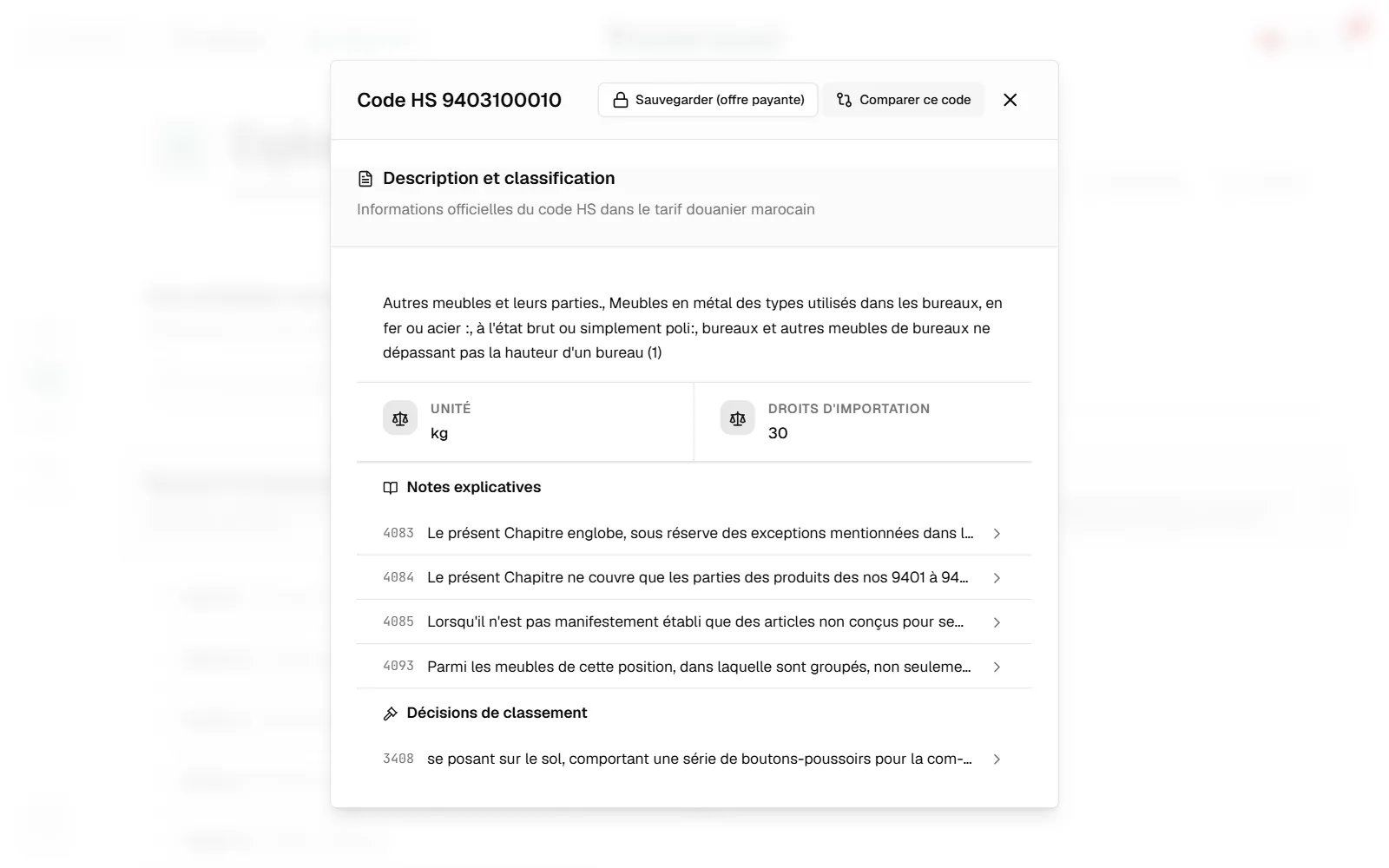 Fiche d'un code : description officielle, droits d'importation, unité, notes explicatives et décisions de classement.